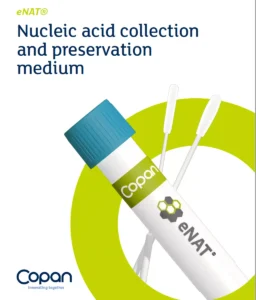 Cover image for nucleic acid collection and preservation medium, featuring a Copan eNAT tube and two swabs with a blue cap against a lime-green design.